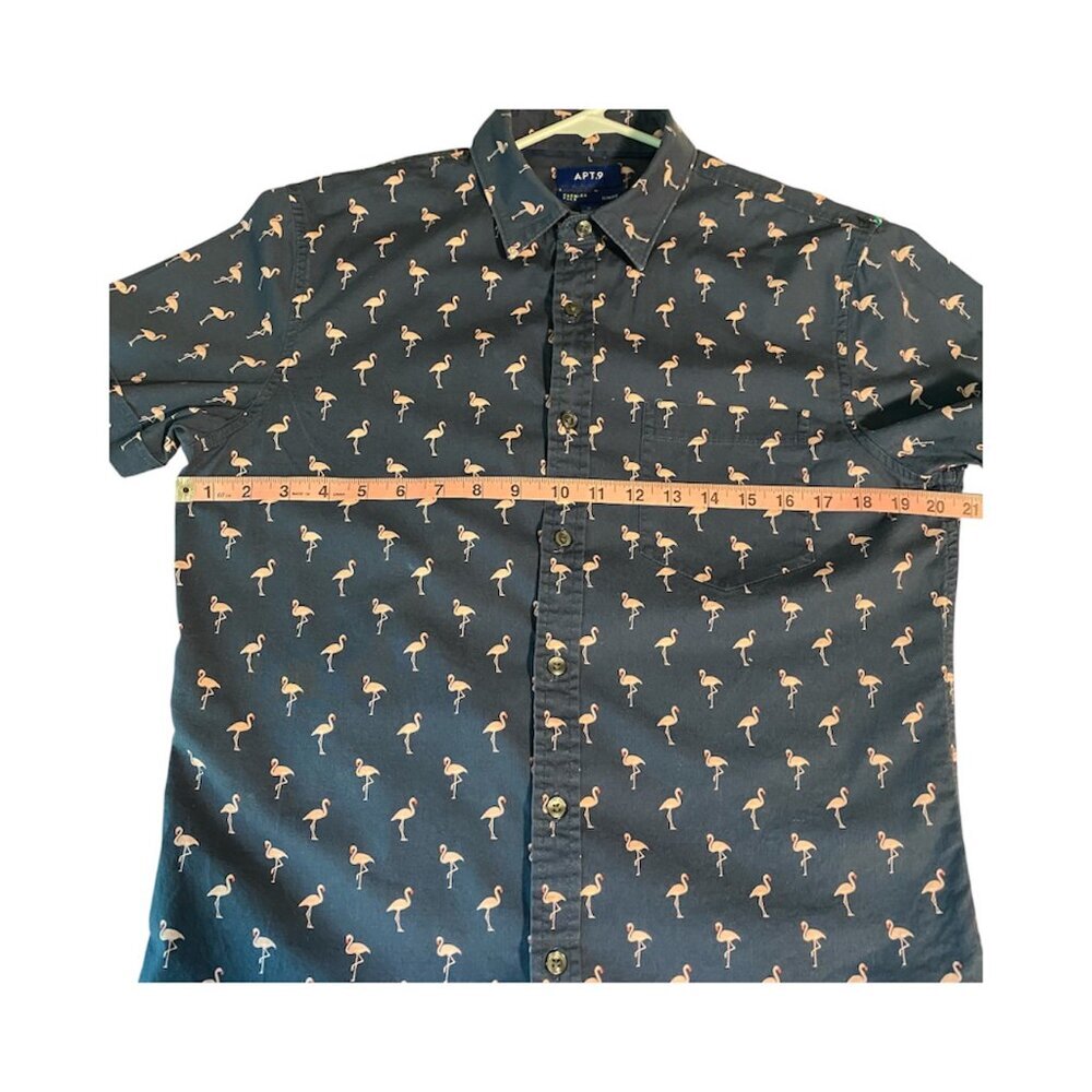 Apt 9 Men’s Small Shirt Slim Fit Premier Flex Short Sleeve Navy with Flamingos - Picture 4 of 11